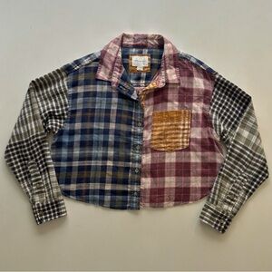 American Eagle Patchwork Plaid Cropped Flannel Button Up Shirt Size XS